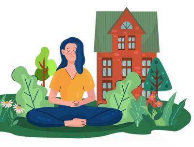 The image represents a young woman that meditates in the background of a green area in a city.