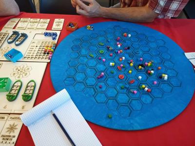 wooden board game with a circular shape and blue colour, with multiple cube tokens of various colours, placed on a red table