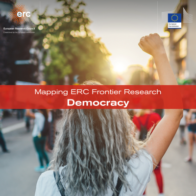 cover of the ERC report on democacy featuring a women seen from back, with long grey hair and her fist raised.
